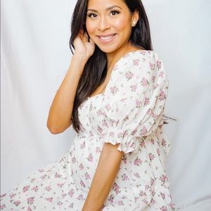 Pink floral puff sleeve mini dress.